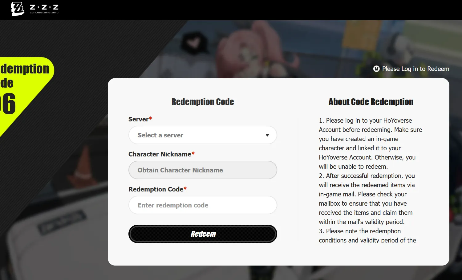 redeem ZZZ codes on redemption page
