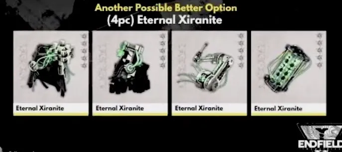 Комплект экипировки Eternal Xiranite, рекомендованный для WILL-сборки Arcane в Arknights: Endfield. Изображение показывает бонусы комплекта, повышающие Will, Ultimate Gain Efficiency и эффективность поддержки команды.