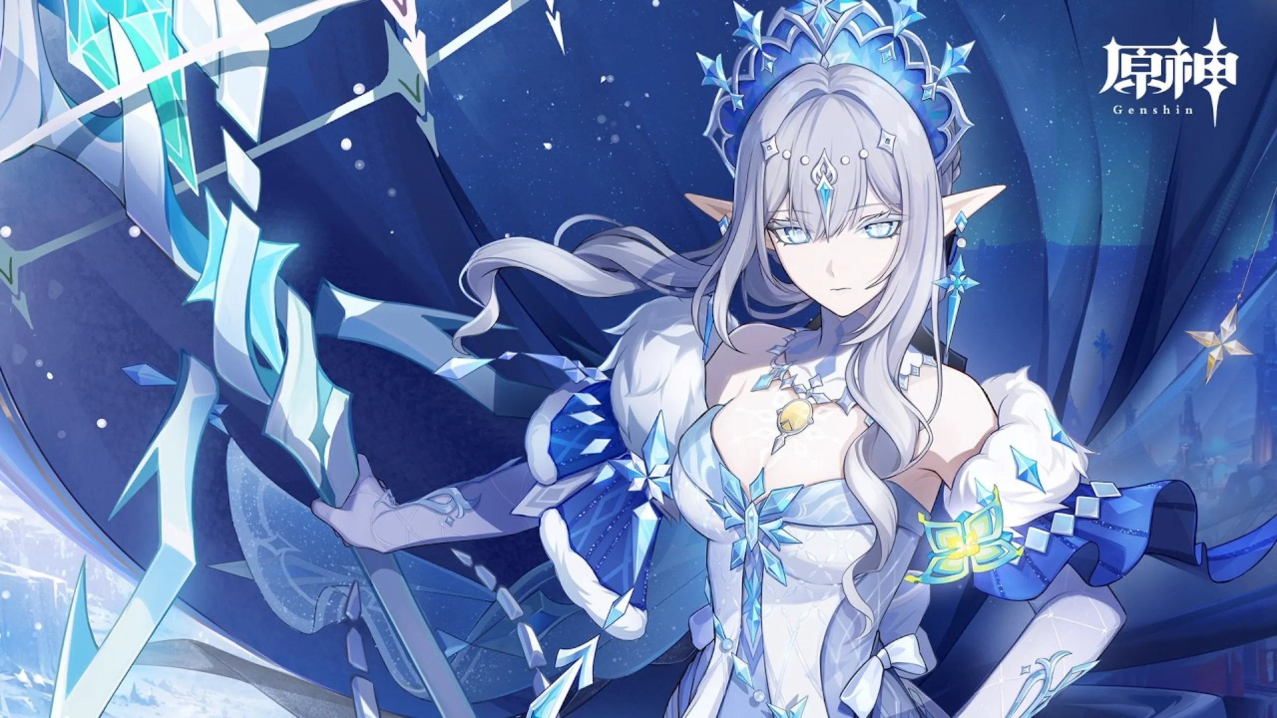 Genshin Impact silver-haired character in blue and white.