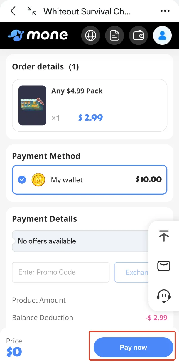 Complete payment for a Whiteout Survival pack on Mone