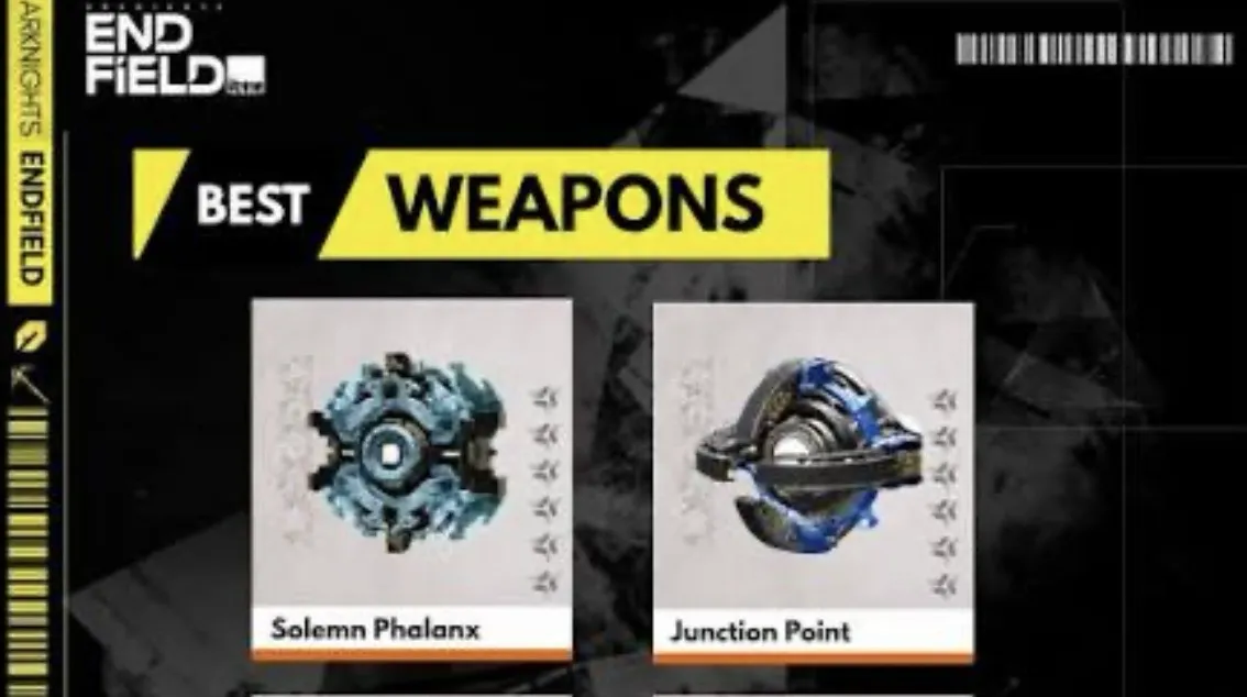 Сравнение оружия Type-42: Solemn Phalanx и Junction Point для Arcane в Arknights: Endfield. Изображение показывает основные характеристики, бонусы и различия между сигнатурным и F2P-оружием.