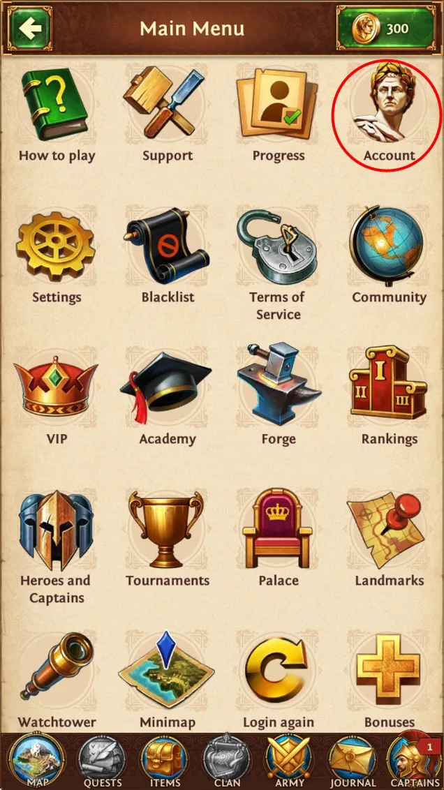 Раздел Account в Rise of Kingdoms