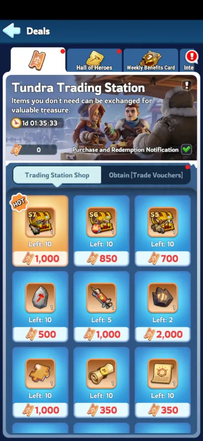 Whiteout Survival Tundra Trading Station shop showing Trade Voucher rewards