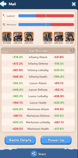 Whiteout Survival Sunfire Castle battle report showing troop composition and Infantry, Lancer, and Marksman stat bonuses