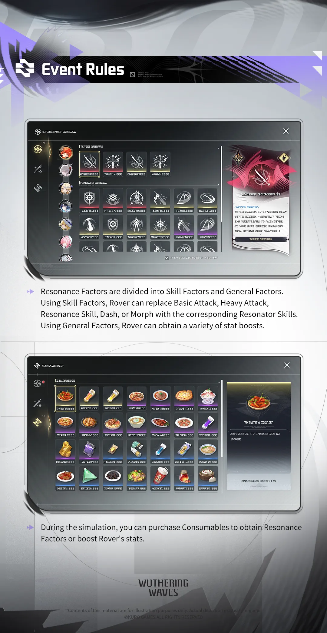 Resonance Sim Realm Skill Factors, General Factors, and Consumables