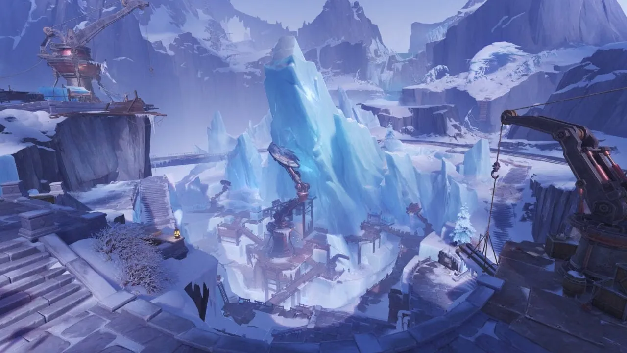 Snowy Genshin Impact area with giant ice crystals.