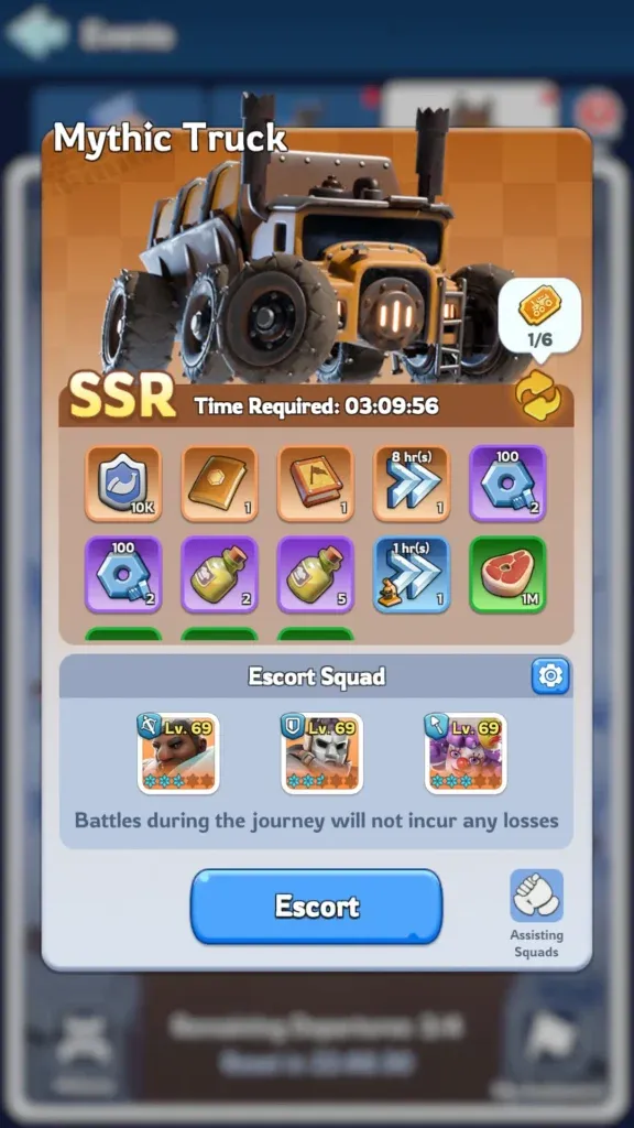 Whiteout Survival SSR Mythic Truck showing premium cargo rewards and escort squad