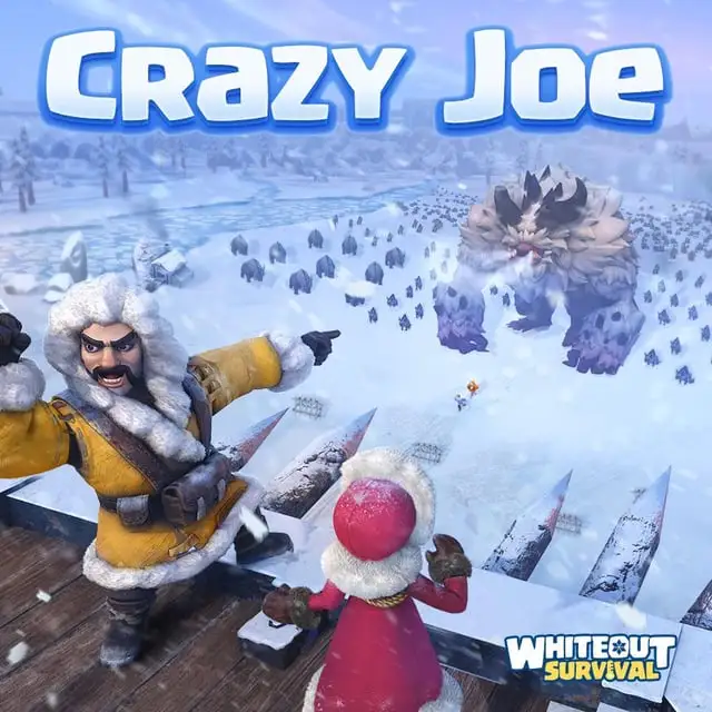 Whiteout Survival Crazy Joe event featuring Crazy Joe, an icy beast, and attacking troops on the snowy battlefield