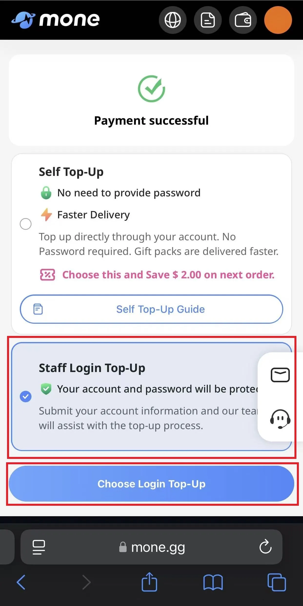 Choose Login Top-up on Mone