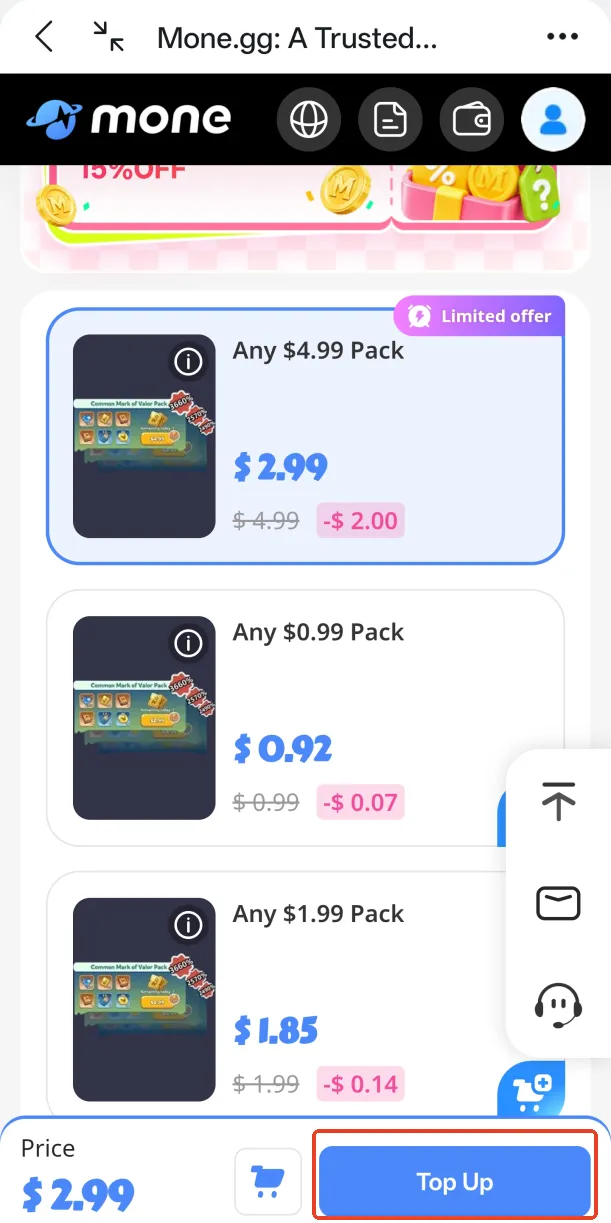 Select a Whiteout Survival pack and tap Top Up on Mone