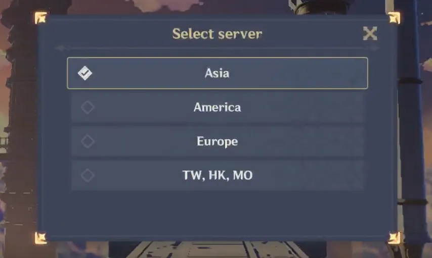 Select your Genshin Impact server
