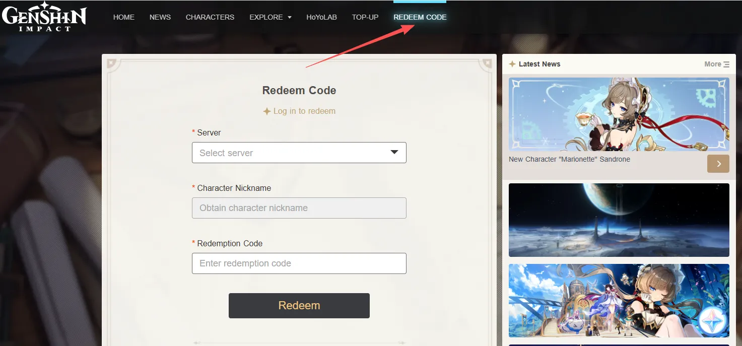 redeem genshin codes on hoyoverse