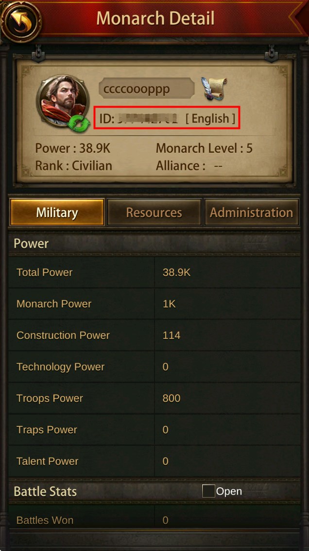 Раздел Account в Rise of Kingdoms