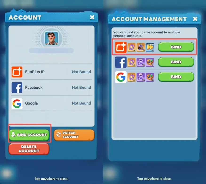 Выберите "Привязать аккаунт" и привяжите свой FunPlus ID