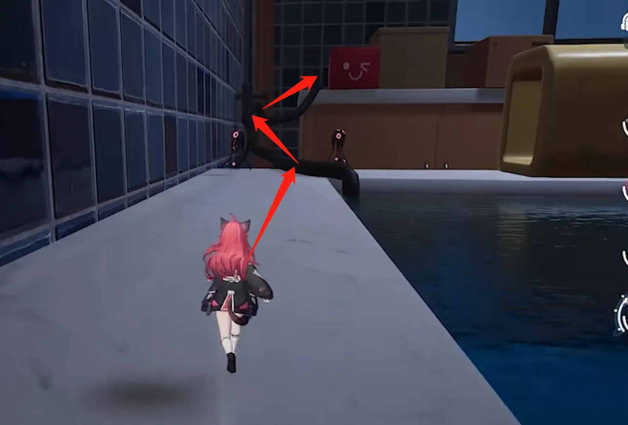 Climb out of the water, enter the pipe, and reach the cabinet above.